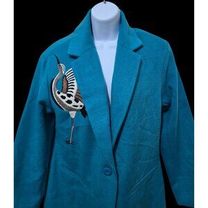 Teal Longline Coat With Crane Embroidery By Terea By Andrea Pitter grandma core